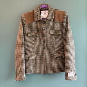Harris Tweed Vintage 100% Wool Houndstooth Jacket with Suede Shoulders size 16